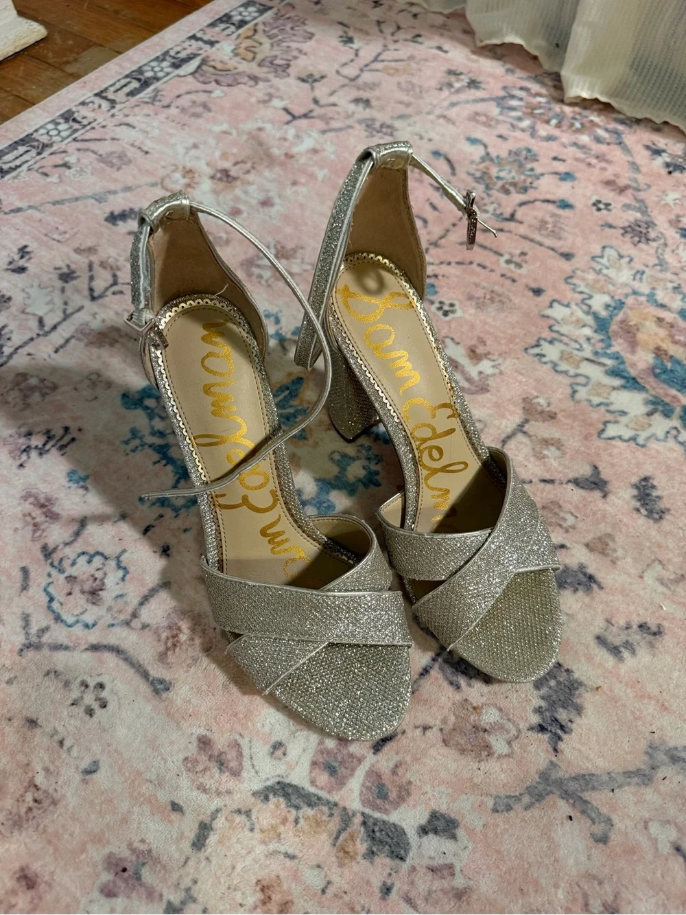 Sam Edelman Silver Glitter Ankle-Strap Block Heels